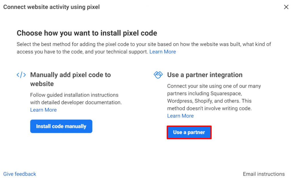 opsi use a partner dalam facebook pixel